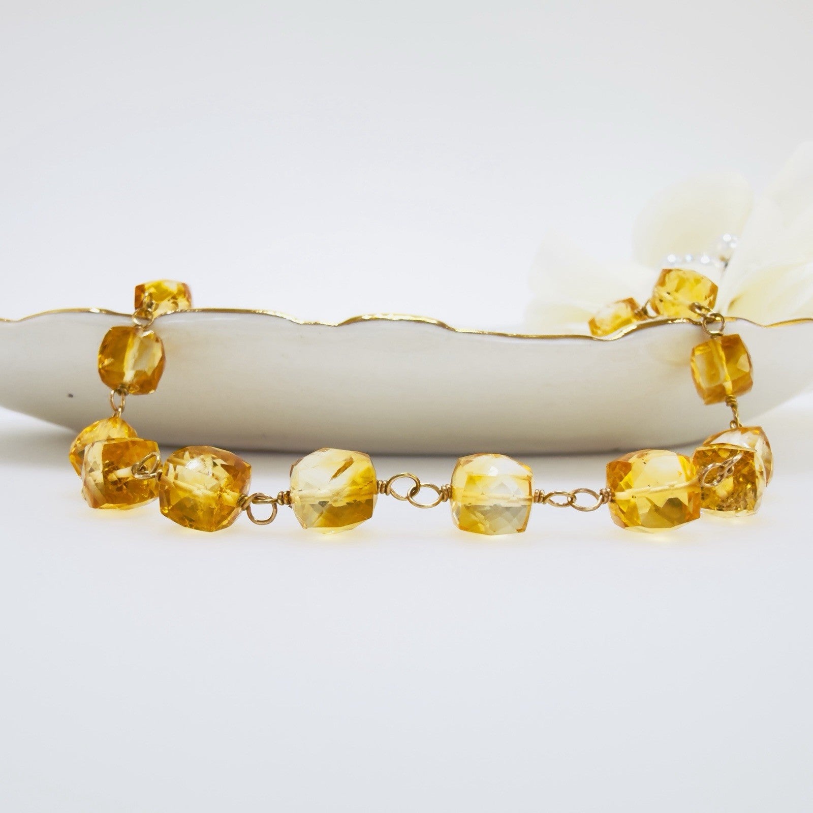 14k Yellow Gold Genuine Citrine Cube Handcrafted Bracelet, 8.25"