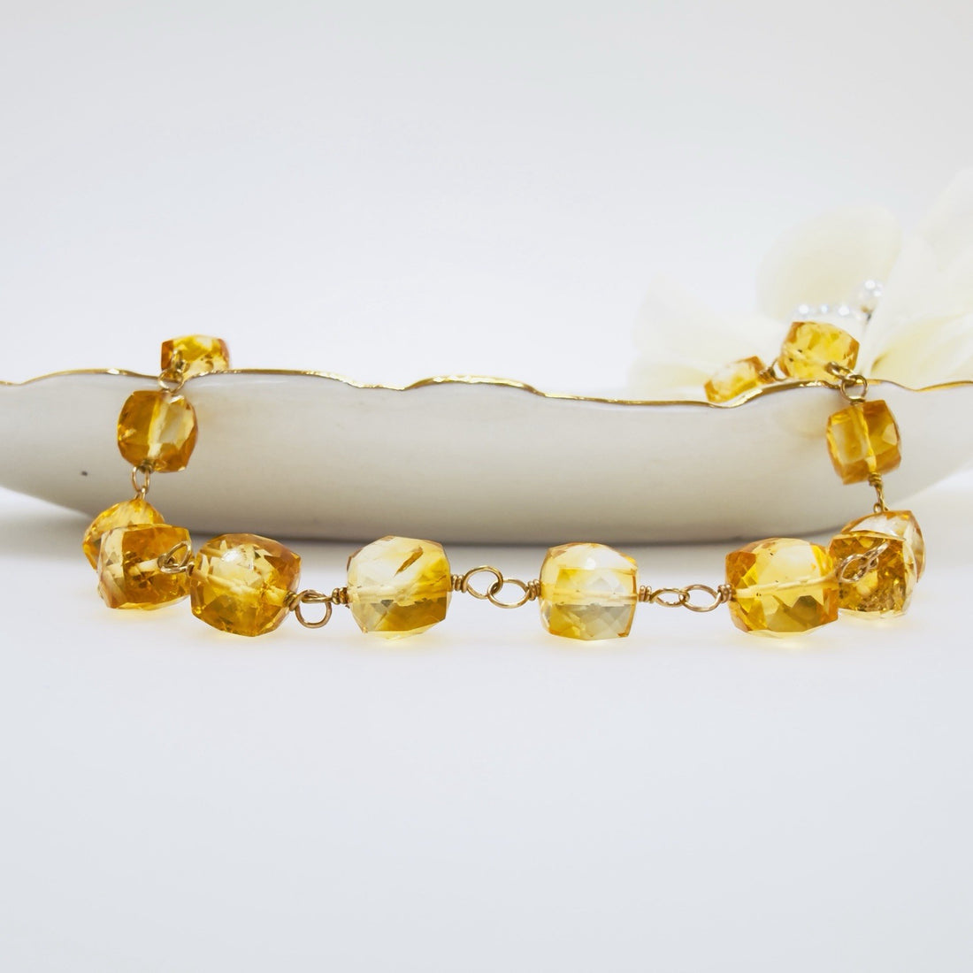14k Yellow Gold Genuine Citrine Cube Handcrafted Bracelet, 8.25"