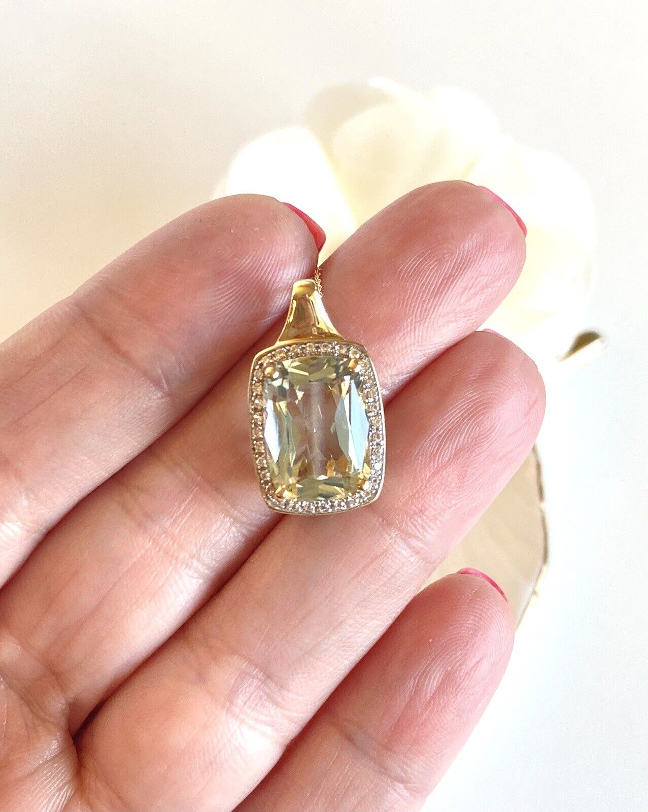 Genuine Prasiolite & White Topaz Solid 10k Yellow Gold Pendant/Necklace, New 18"