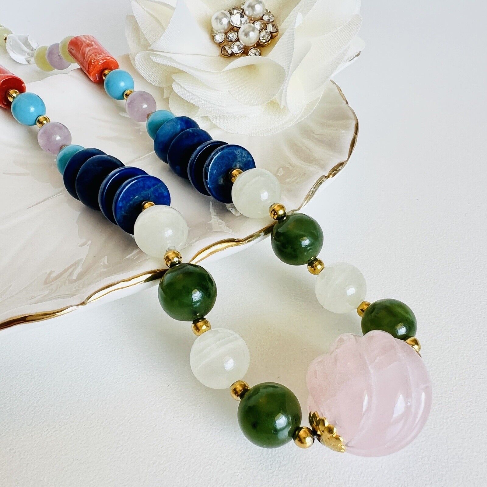 Natural Coral, Amethyst, Jade, Howlite, Serpentine & Quartz Beaded Necklace, New