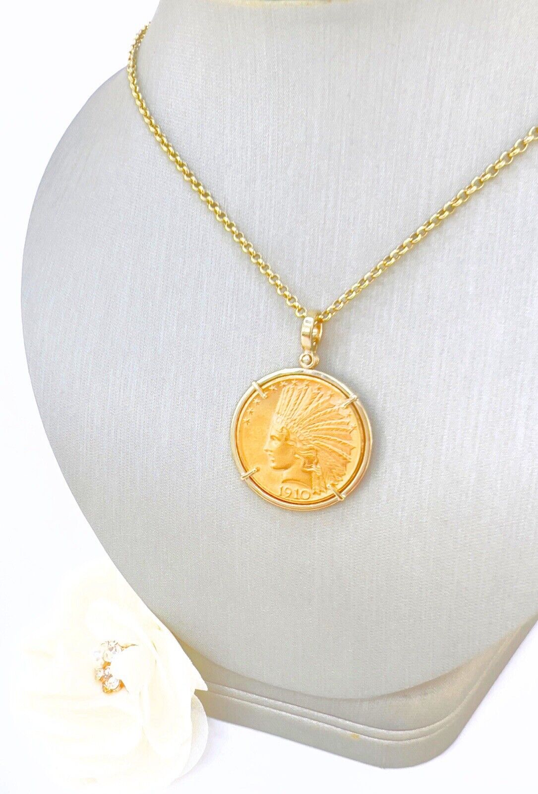 Genuine 1910 US Indian Head 10 Dollar Eagle Gold Coin With 14k Pendant Frame