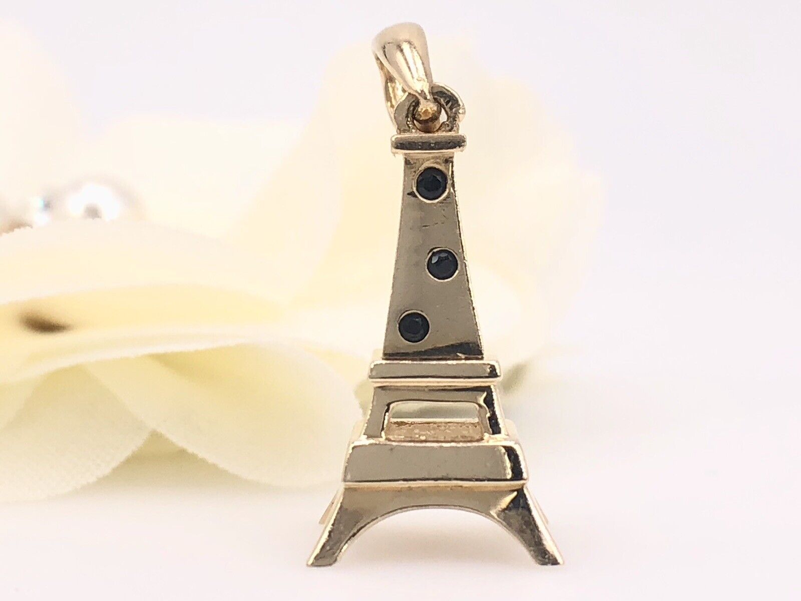 Solid 14K Yellow Gold Eiffel Tower W/ Cubic Zirconia 3-D Pendant/Charm, New