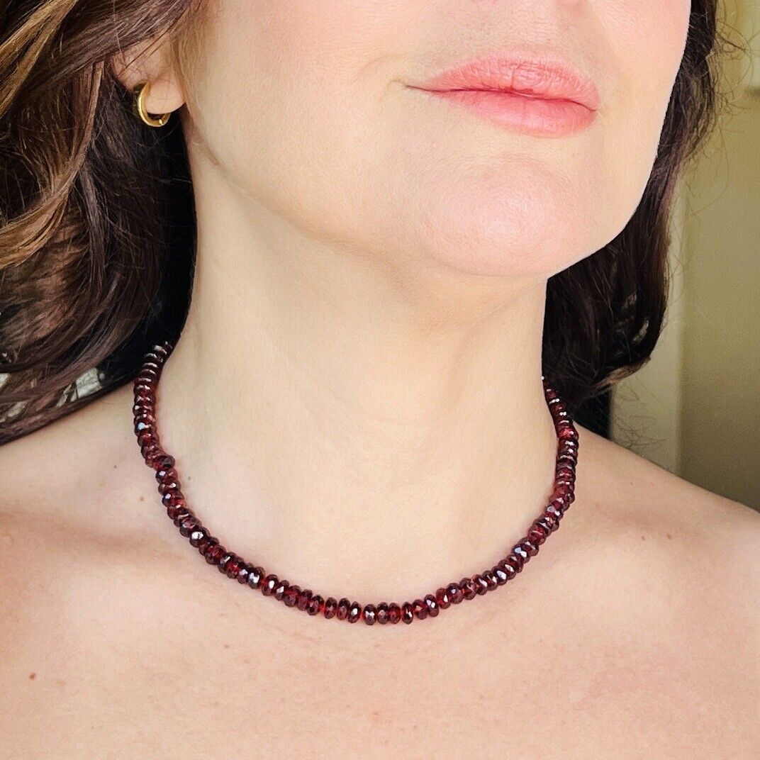 Genuine Almandine Garnet (155ct) Solid 14k Yellow Gold Beaded Necklace, New 16"