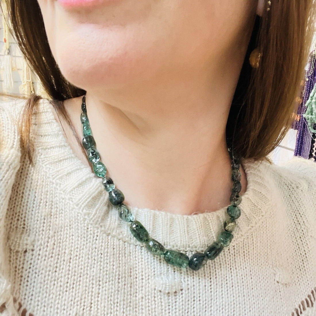 Genuine Emerald (170ct) 14k Yellow Gold Beaded Necklace, New 17.5"