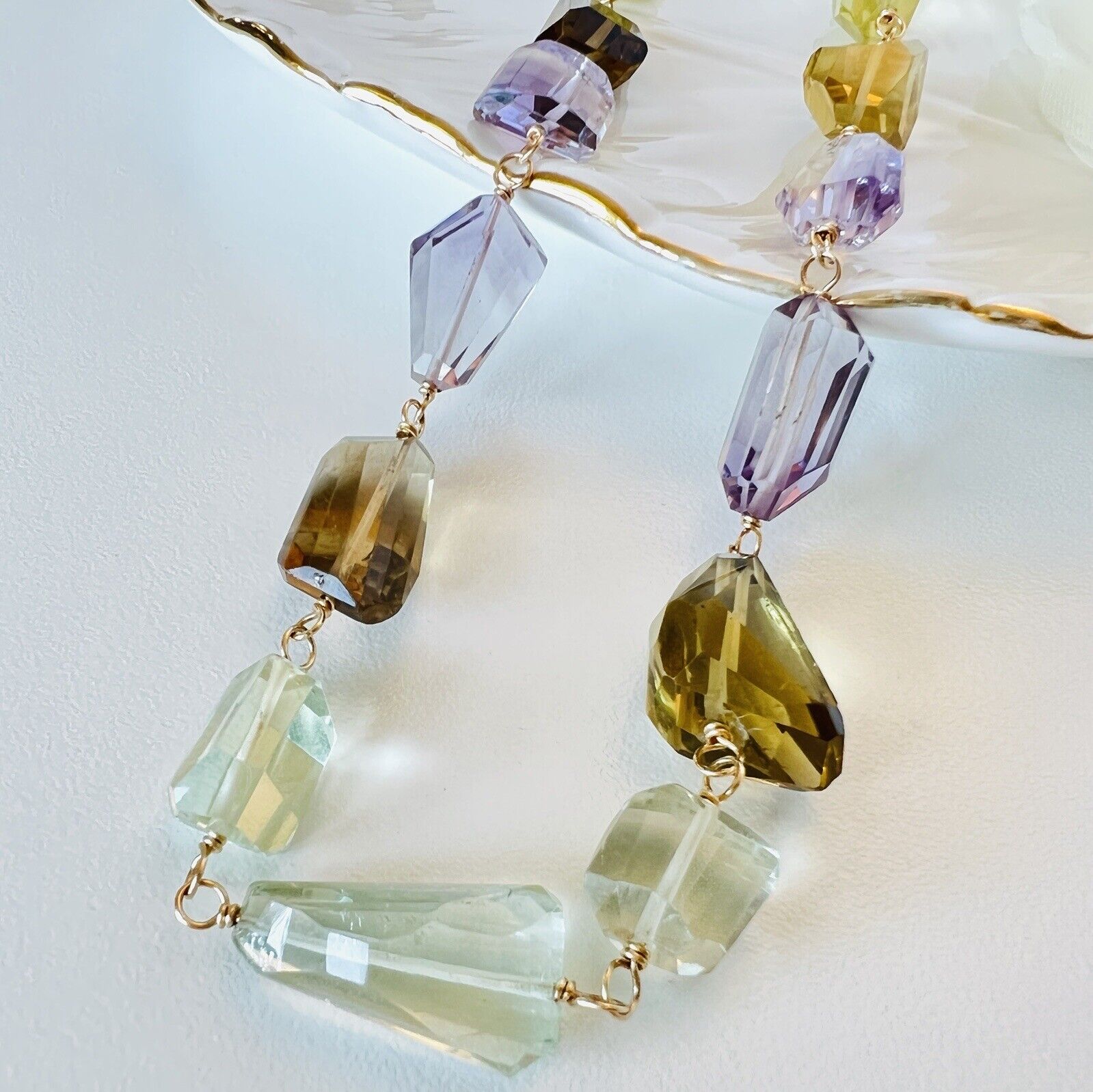 Solid 14k Yellow Gold Multi-Color Quartz Nugget Station Necklace 20" New