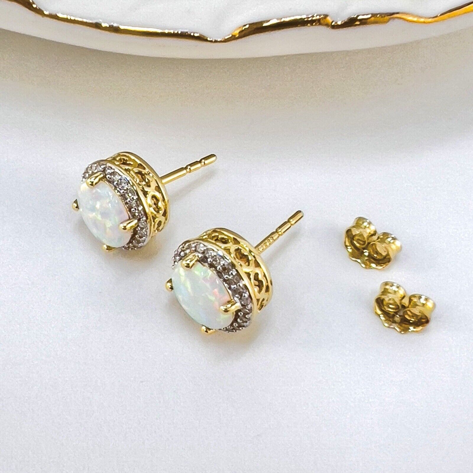 Solid 10k Yellow Gold Lab-Created Opals & Genuine Diamond Stud Earrings, New