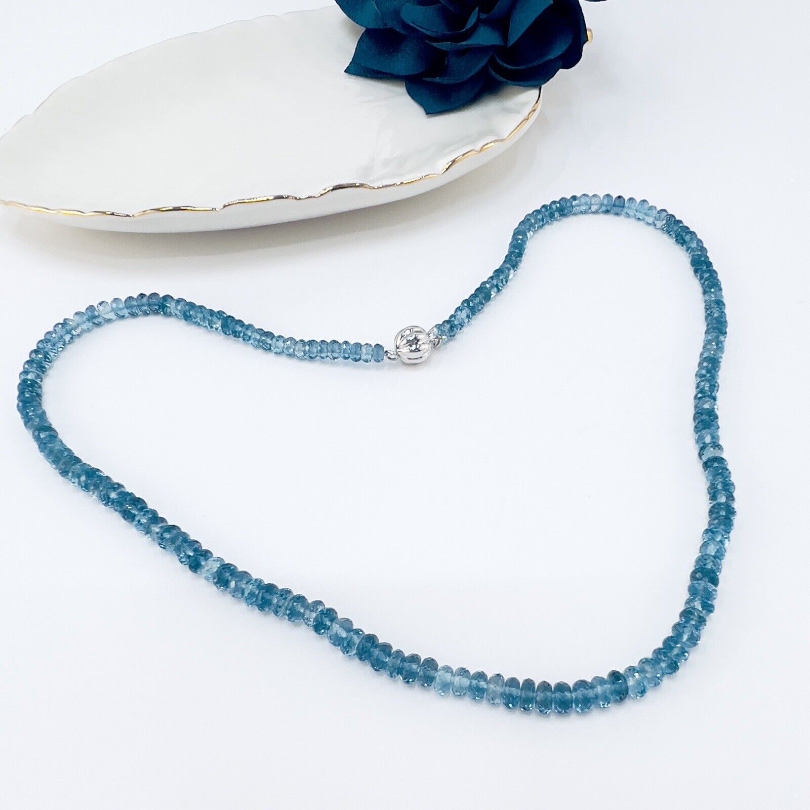 Solid 14k White Gold Genuine London Blue Topaz Necklace, New 17.25”