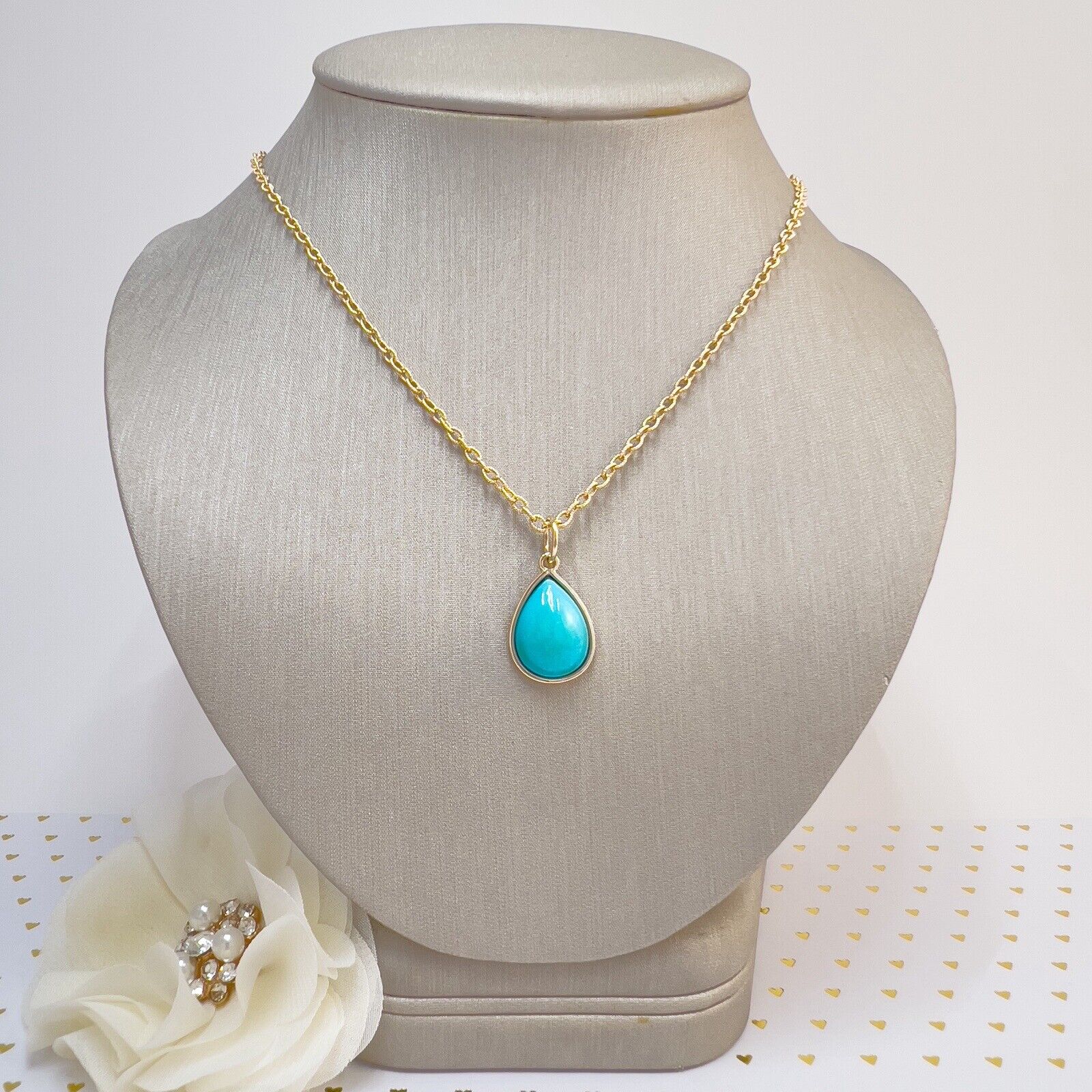 Natural Persian Turquoise 14k Yellow Gold Drop Pendant, Unisex, Handcrafted