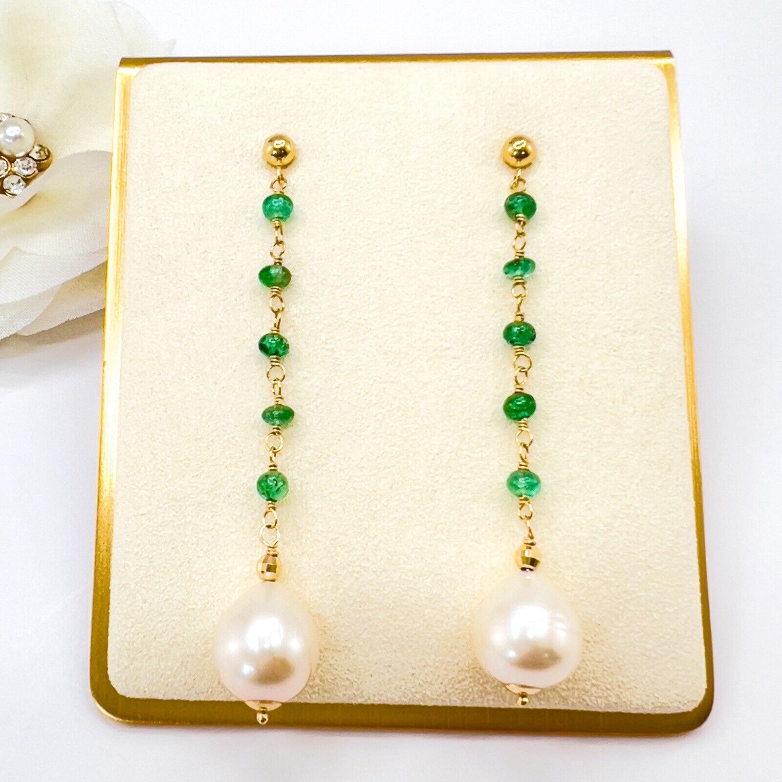 14k Yellow Gold Genuine Emerald & Pearl Dangle/Drop Earrings, New, 2.52"