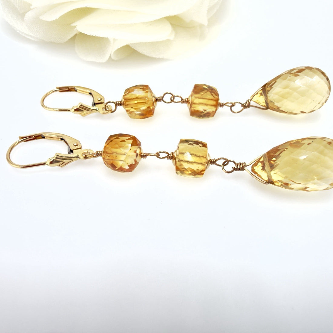 14k Yellow Gold Genuine Citrine Dangle/Drop Lever-back Earrings, 2.5"
