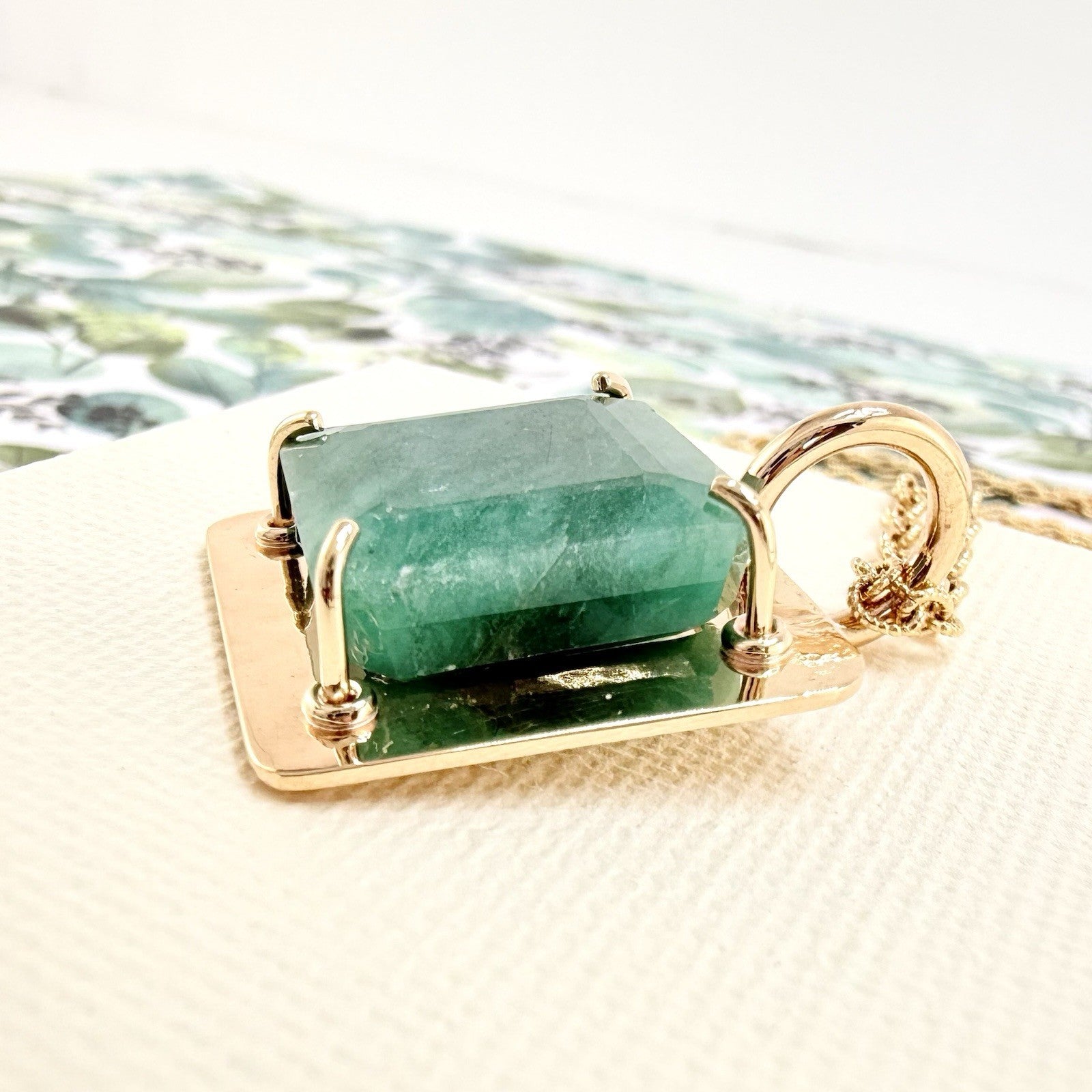 14k Yellow Gold Genuine Emerald Modernist Unisex Pendant, Newly Handcrafted