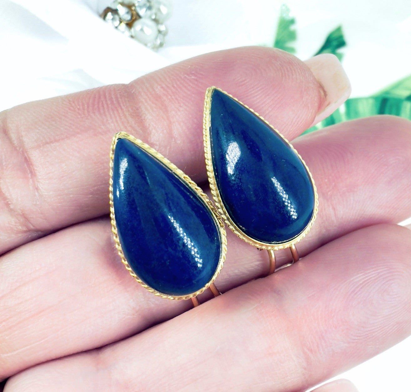 14k Yellow Gold Dark Blue Lapis Lazuli Omega Back Earrings, Preowned
