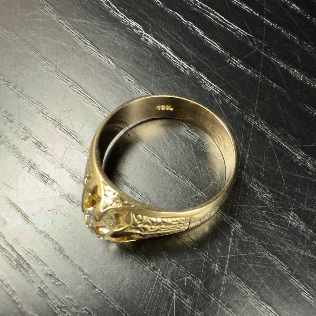 Antique 18k Yellow Gold Diamond Engraved Men's Ring, Preowned Sz.9