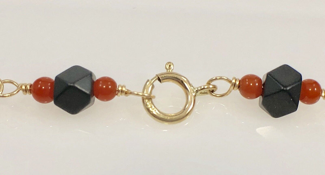 Genuine Azabache & Coral Solid 14K Gold Bracelet, 7.25" Oro 14k Pulsera