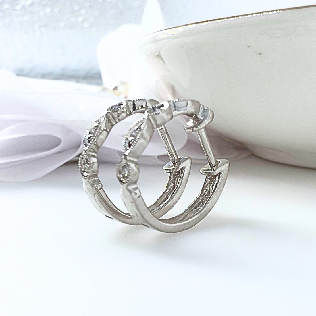 14k White Gold Genuine Diamond Huggie Hoop Earrings, New