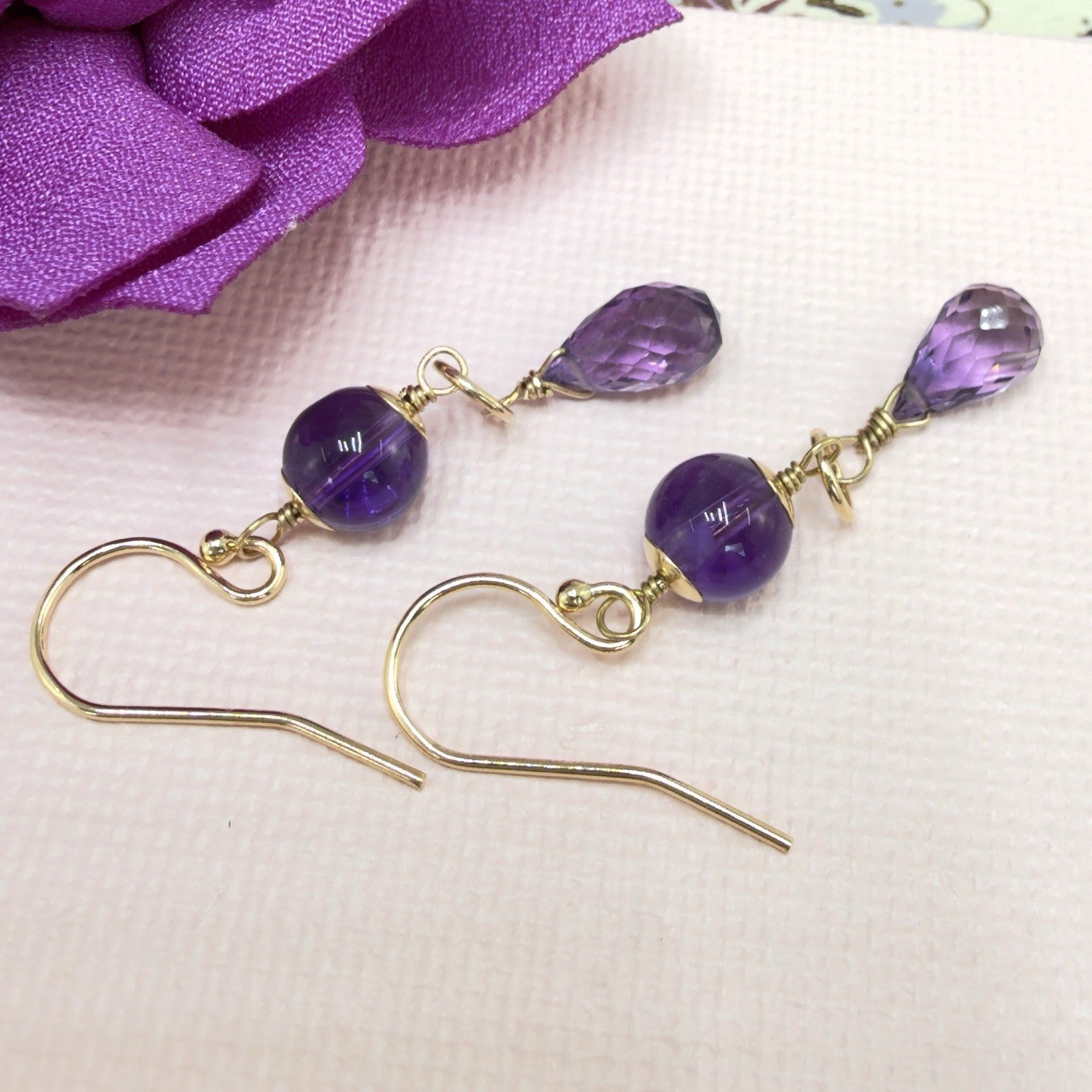 14k Yellow Gold Genuine Amethyst Drop/Dangle Earrings, Newly Handcrafted, 1.5"