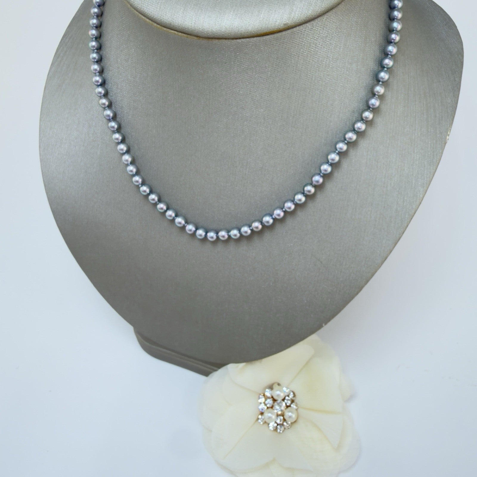 14k White Gold Akoya Silver Pearl (4-4.5mm) Necklace, Newly Handcrafted 15.5"