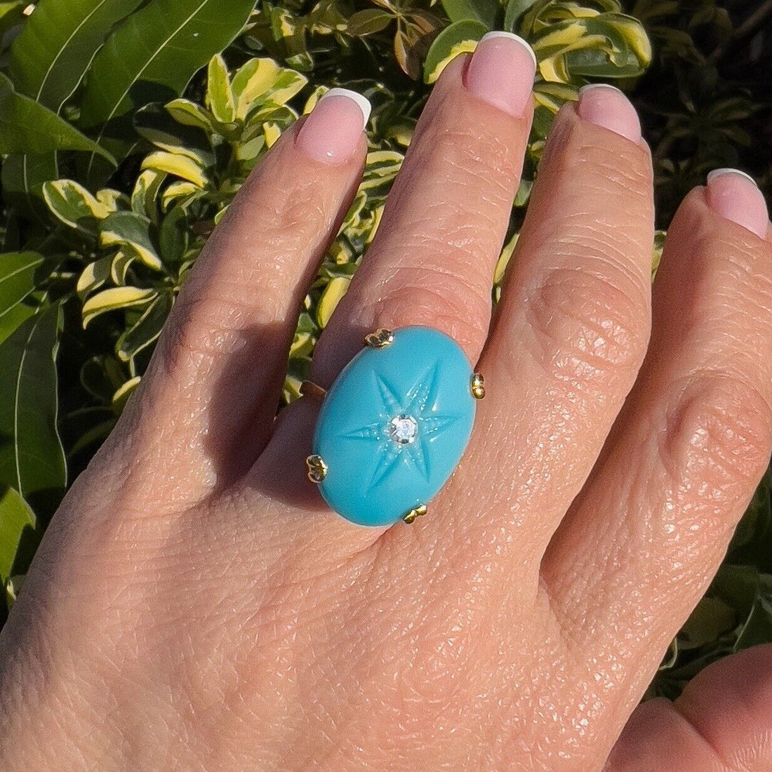 Vintage European 8k Yellow Gold American Turquoise & Diamond Ring, Size 4.75