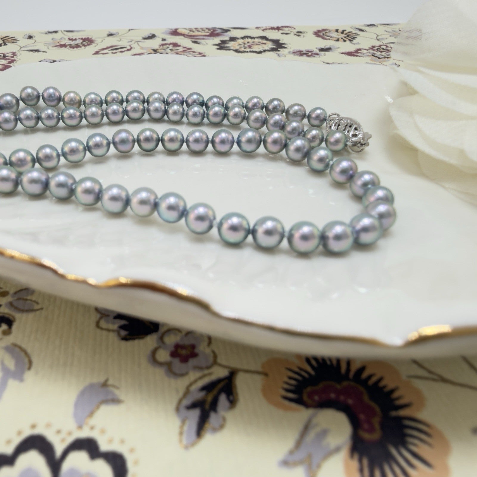 14k White Gold Akoya Silver Pearl (4-4.5mm) Necklace, Newly Handcrafted 15.5"