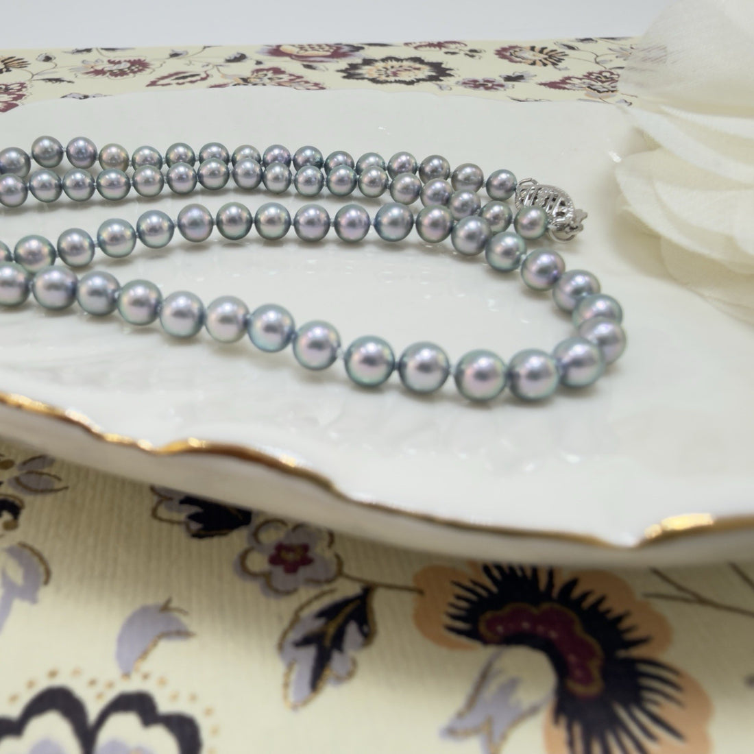 14k White Gold Akoya Silver Pearl (4-4.5mm) Necklace, Newly Handcrafted 15.5"