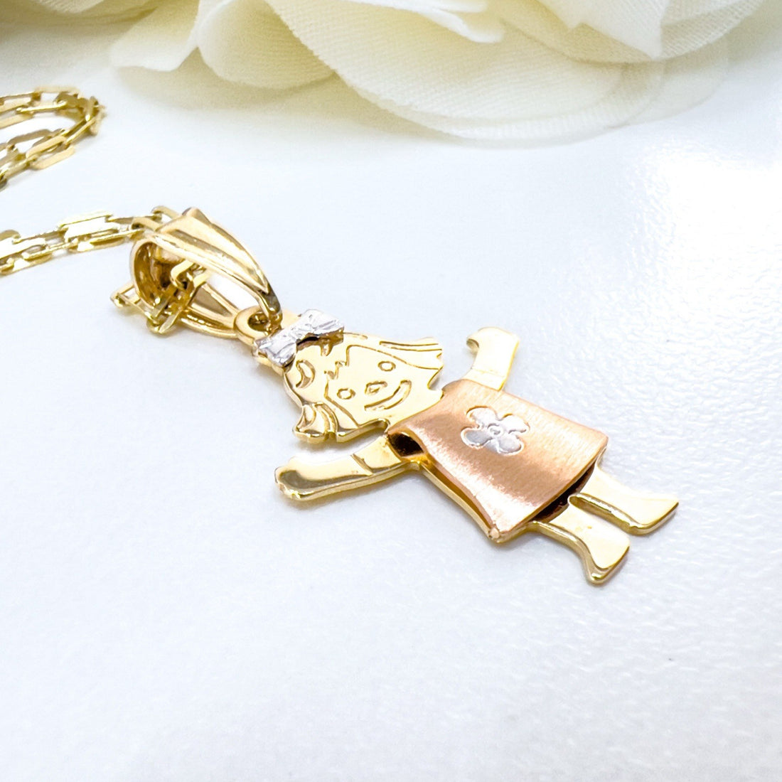 14k Gold Girl in Sundress Charm Pendant, New 1.12"