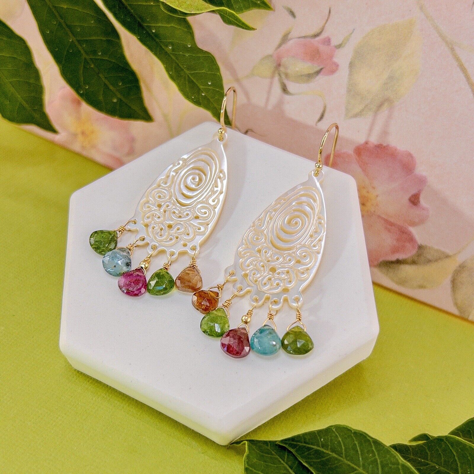 Solid 14k Yellow Gold Natural Tourmaline & Mother of Pearl Chandelier Earrings,