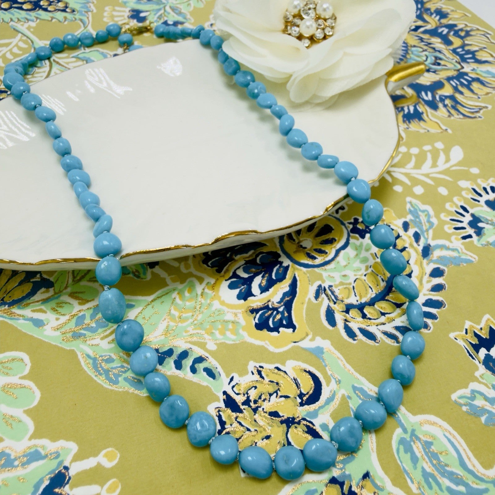14k Yellow Gold Sleeping Beauty Turquoise Necklace, New, Adjustable 17.5-19.5"