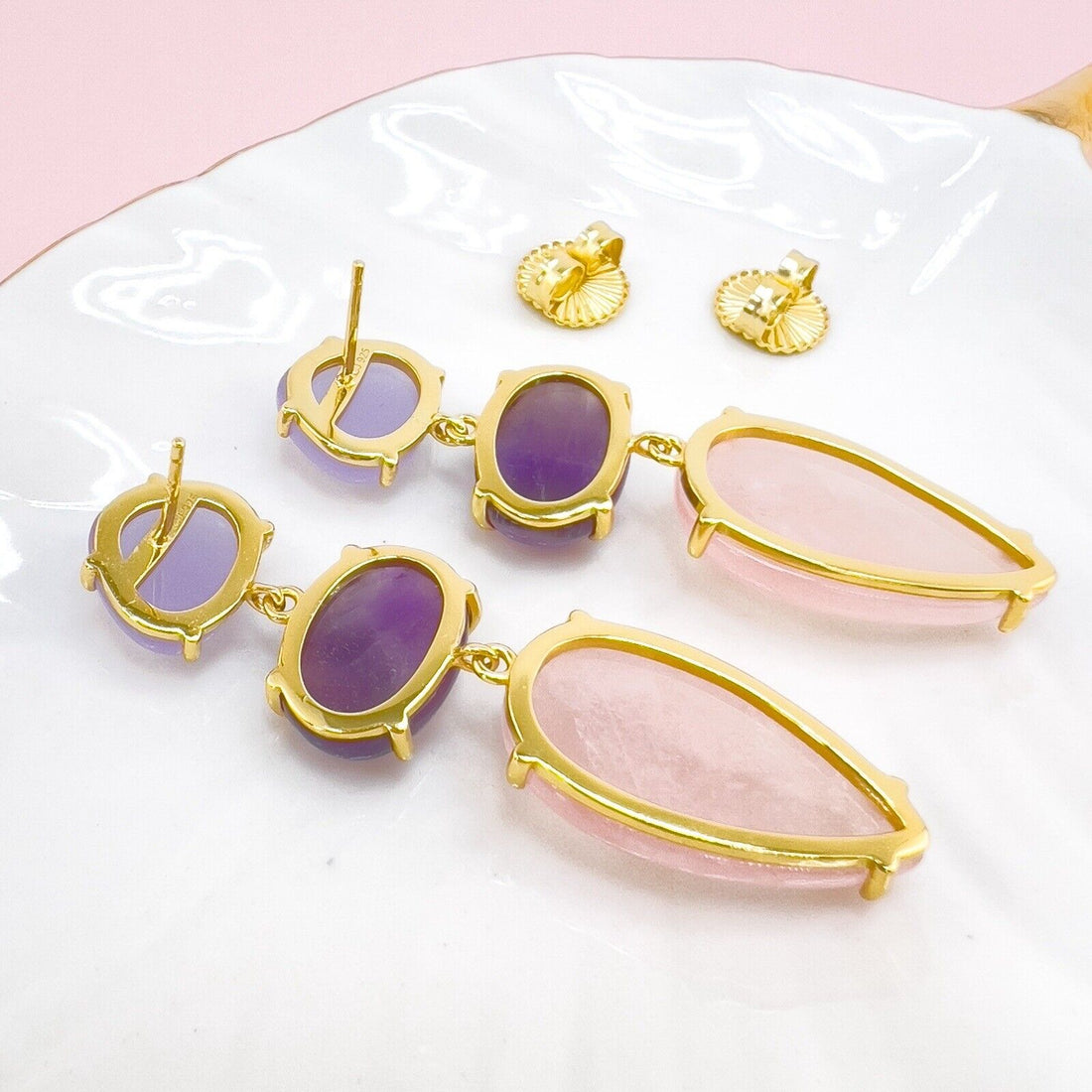 Genuine Rose-Quartz Amethyst Chalcedony Sterling Silver Vermeil Dangle Earrings