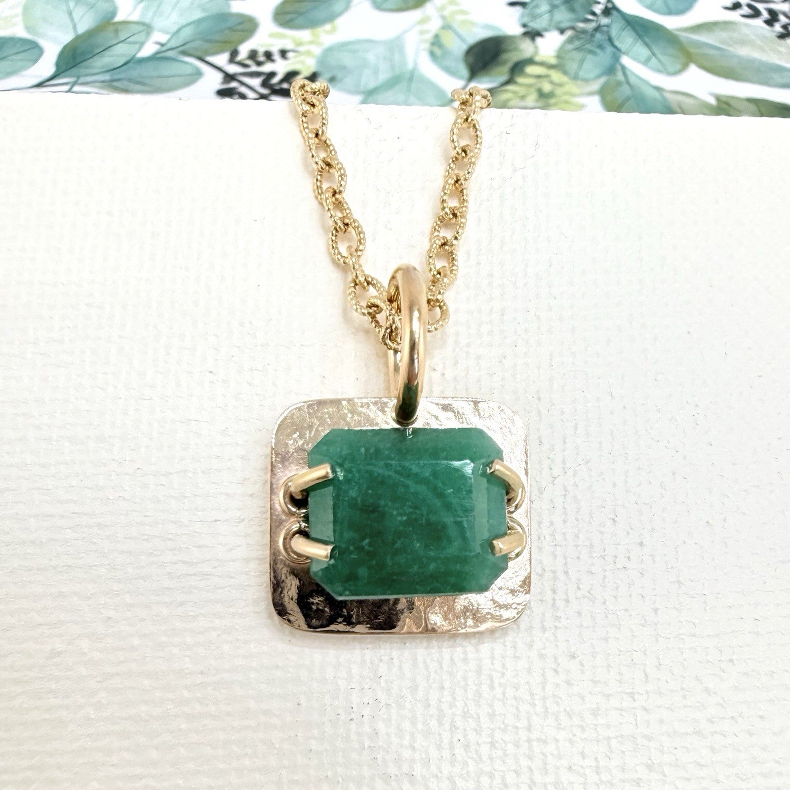 14k Yellow Gold Genuine Emerald Modernist Unisex Pendant, Newly Handcrafted 7ct
