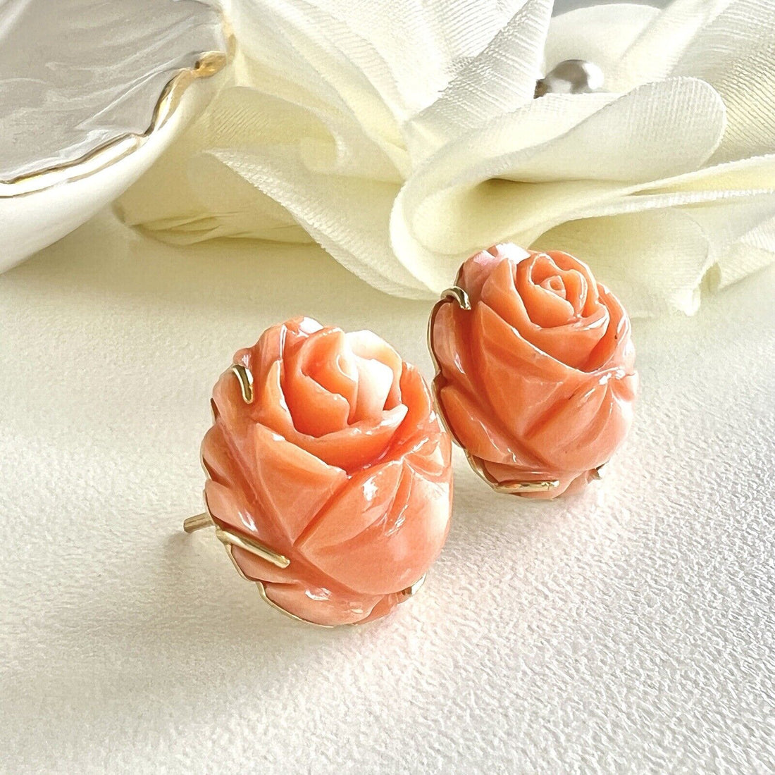 Vintage No-Dye Japanese Carved Coral Rose (14Ct) and 14K Gold Stud Earrings, New