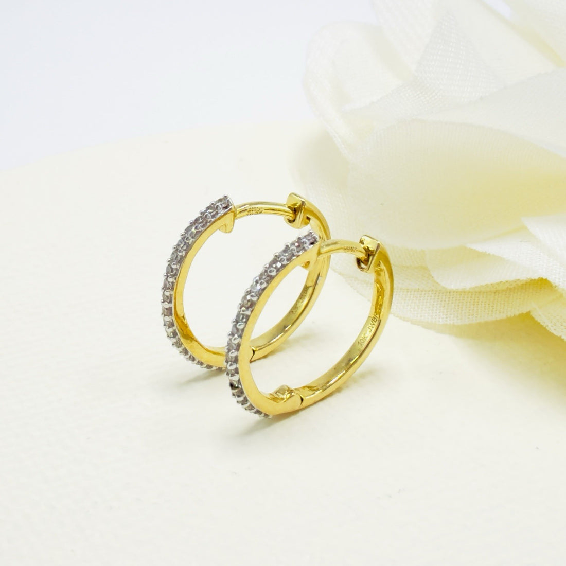 10k Yellow Gold Genuine Diamond Huggie Hoop Earrings, New