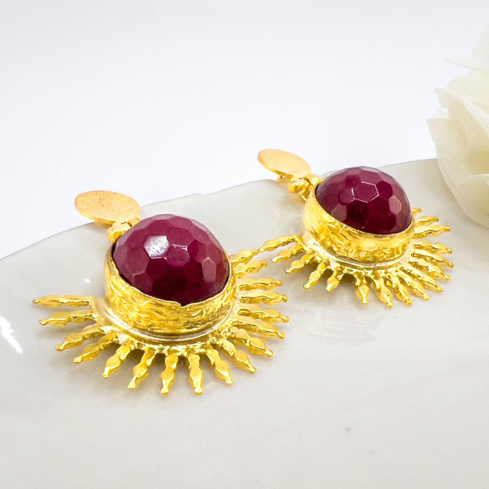 Etruscan Style Ruby Quartz Heavy Gold Plated Sunburst Dangle Earrings New 1.48"