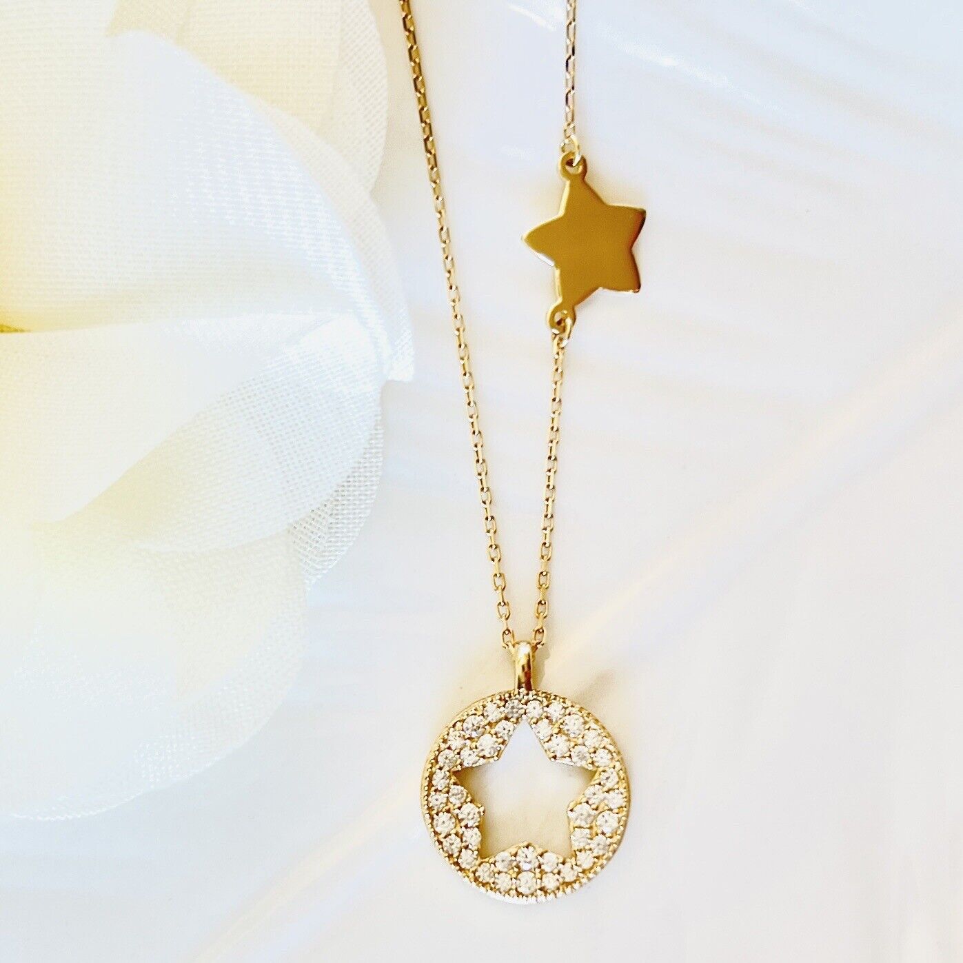 Solid 14k Yellow Gold Pave CZ Star Charm Chain Necklace, New 16"-18"