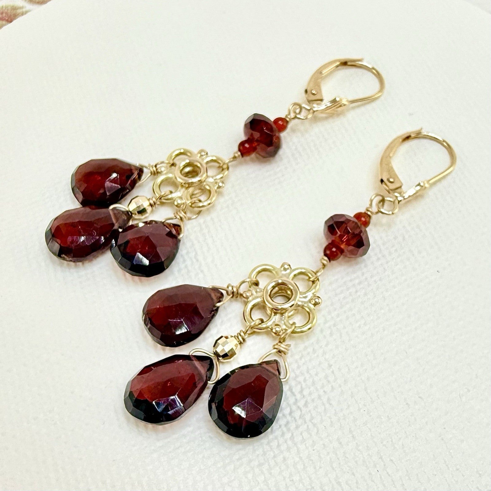 14k Yellow Gold Genuine Garnet Chandelier Dangle/Drop Earrings, New, 2.10" Long