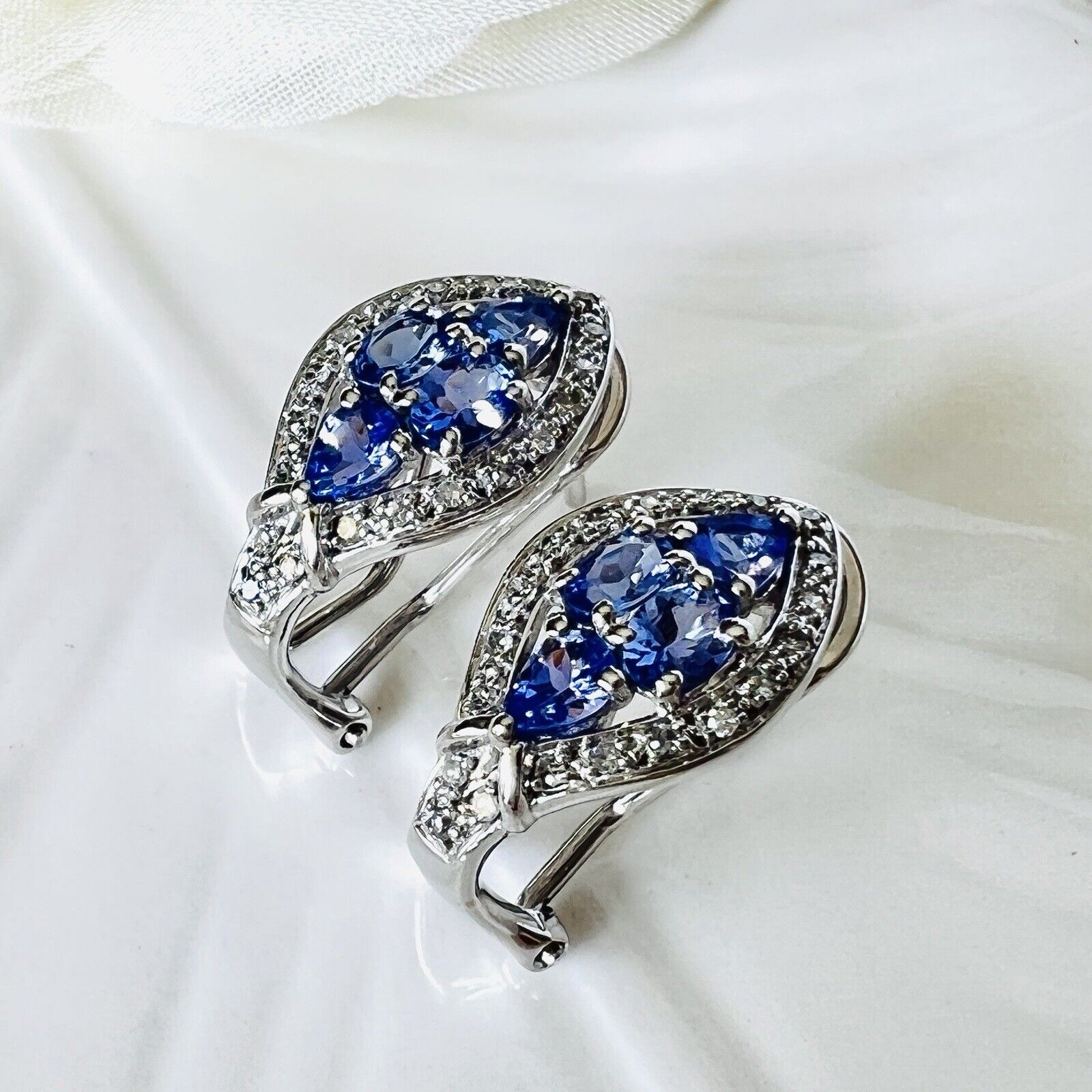 Solid 14k White Gold Genuine Tanzanite & Diamond Post/Omega Clip Earrings, New