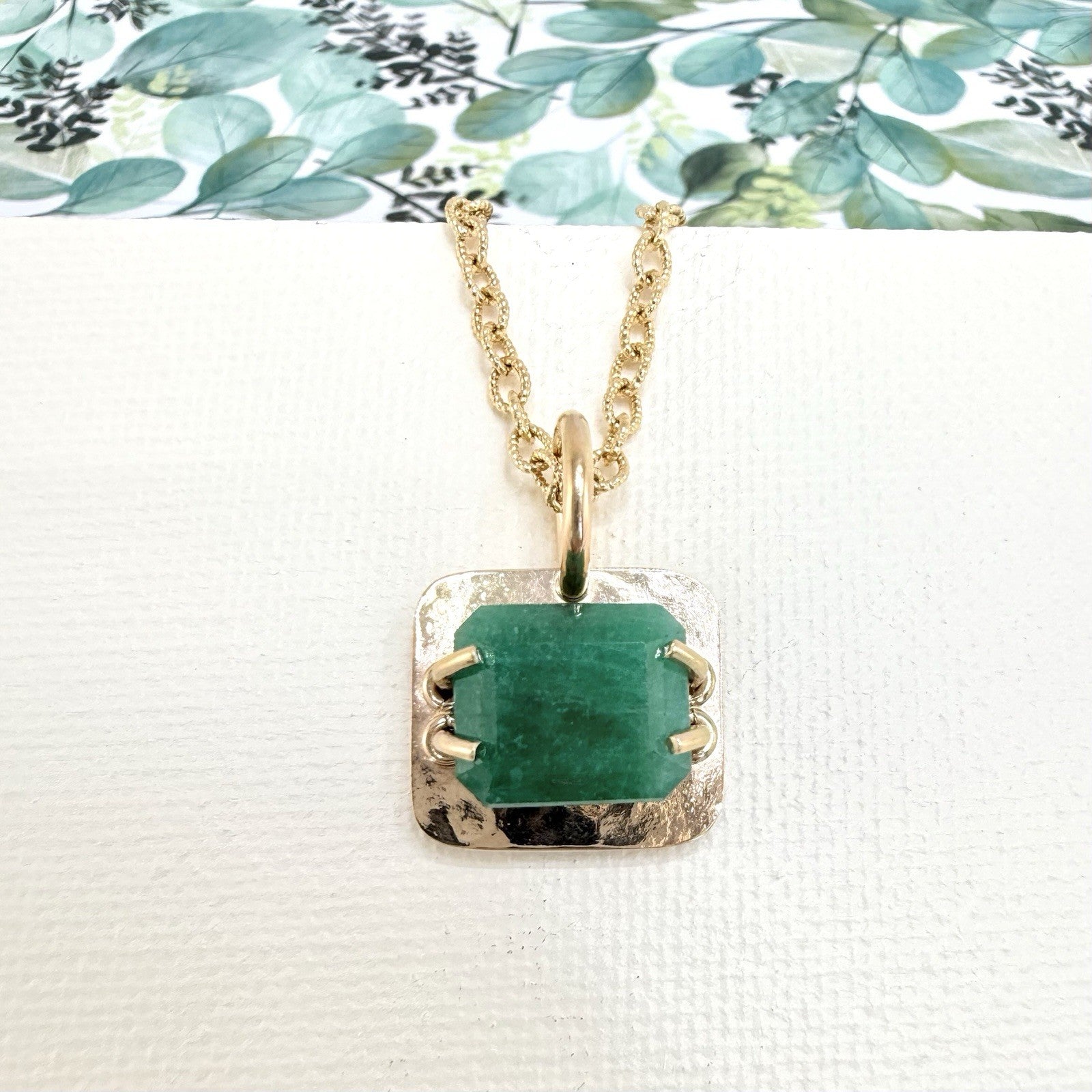 14k Yellow Gold Genuine Emerald Modernist Unisex Pendant, Newly Handcrafted 7ct