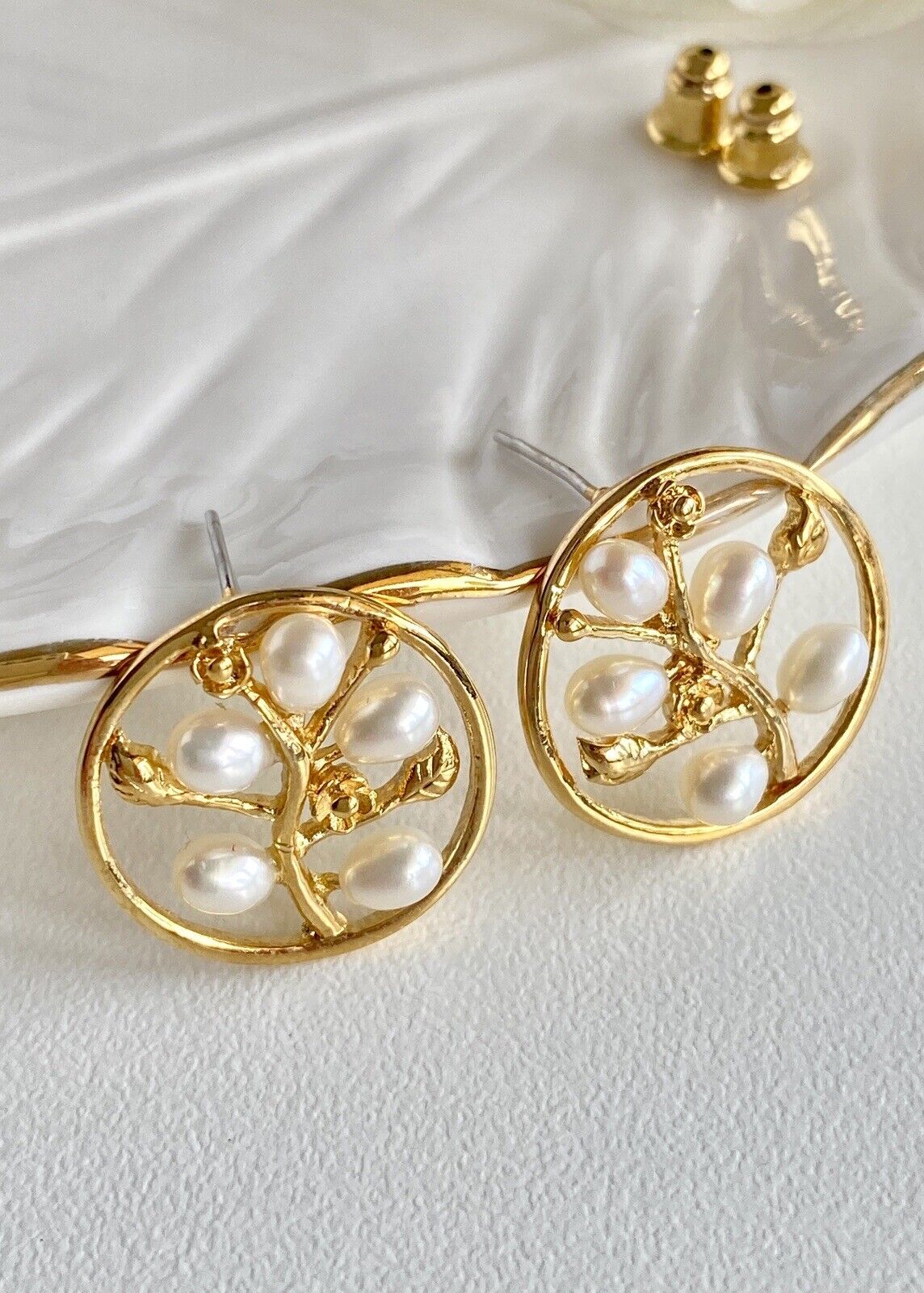 Heavy Gold Plated & Genuine Pearl Stud Earrings, New Vintage Stock