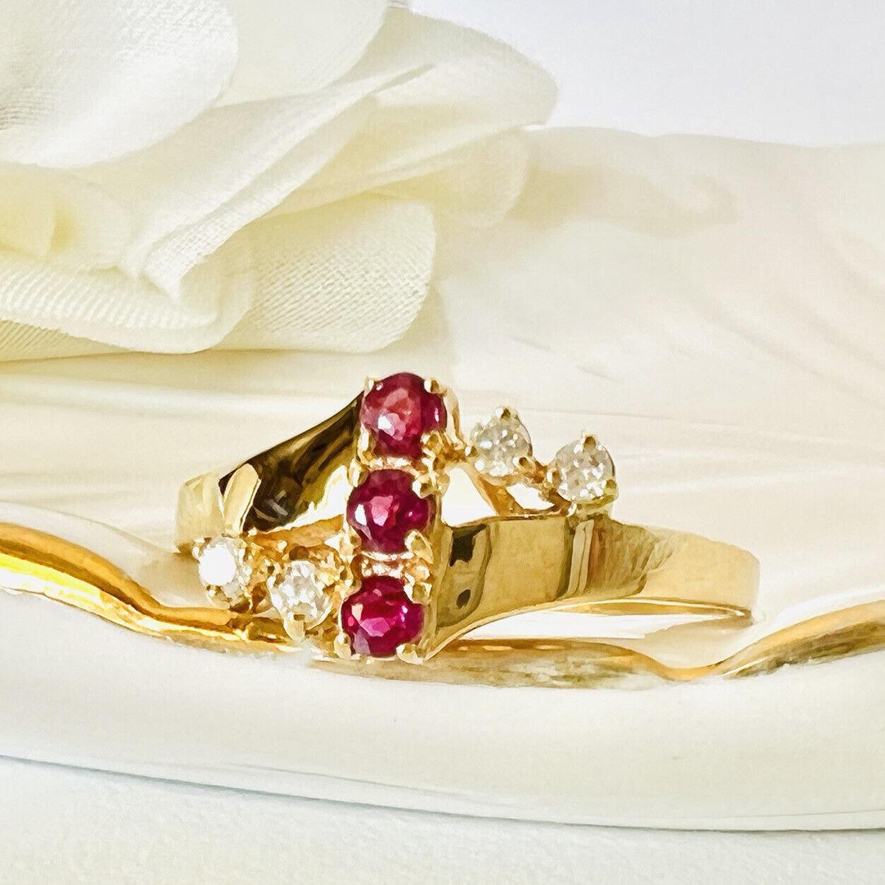 Solid 14k Yellow Gold Genuine Ruby & Diamond Ring, New Size 6.5