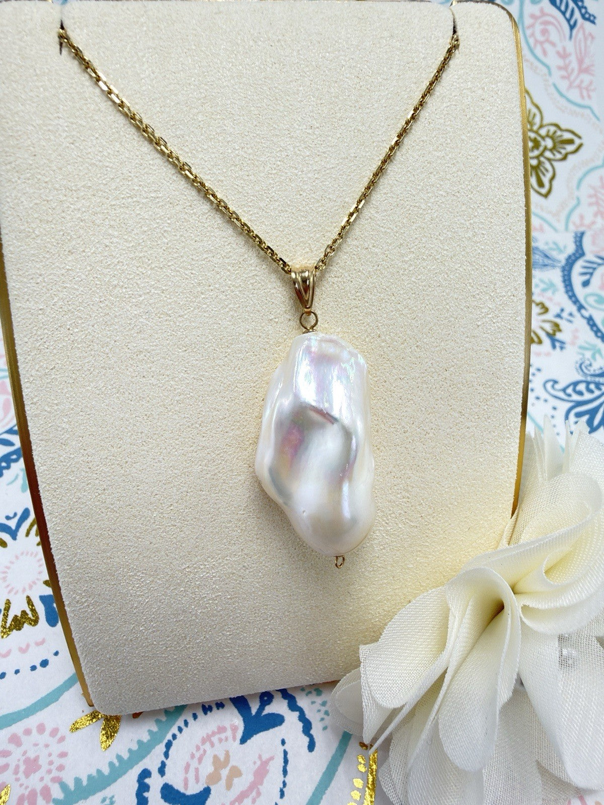 14k Yellow Gold Genuine Baroque Pearl Pendant, New 1.5"