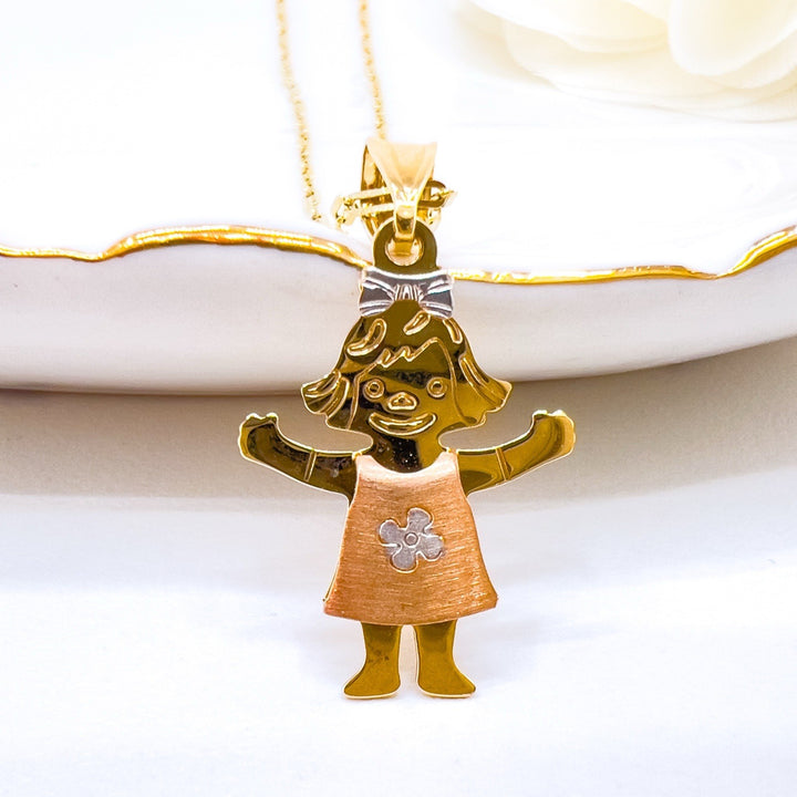 14k Gold Girl in Sundress Charm Pendant, New 1.12"