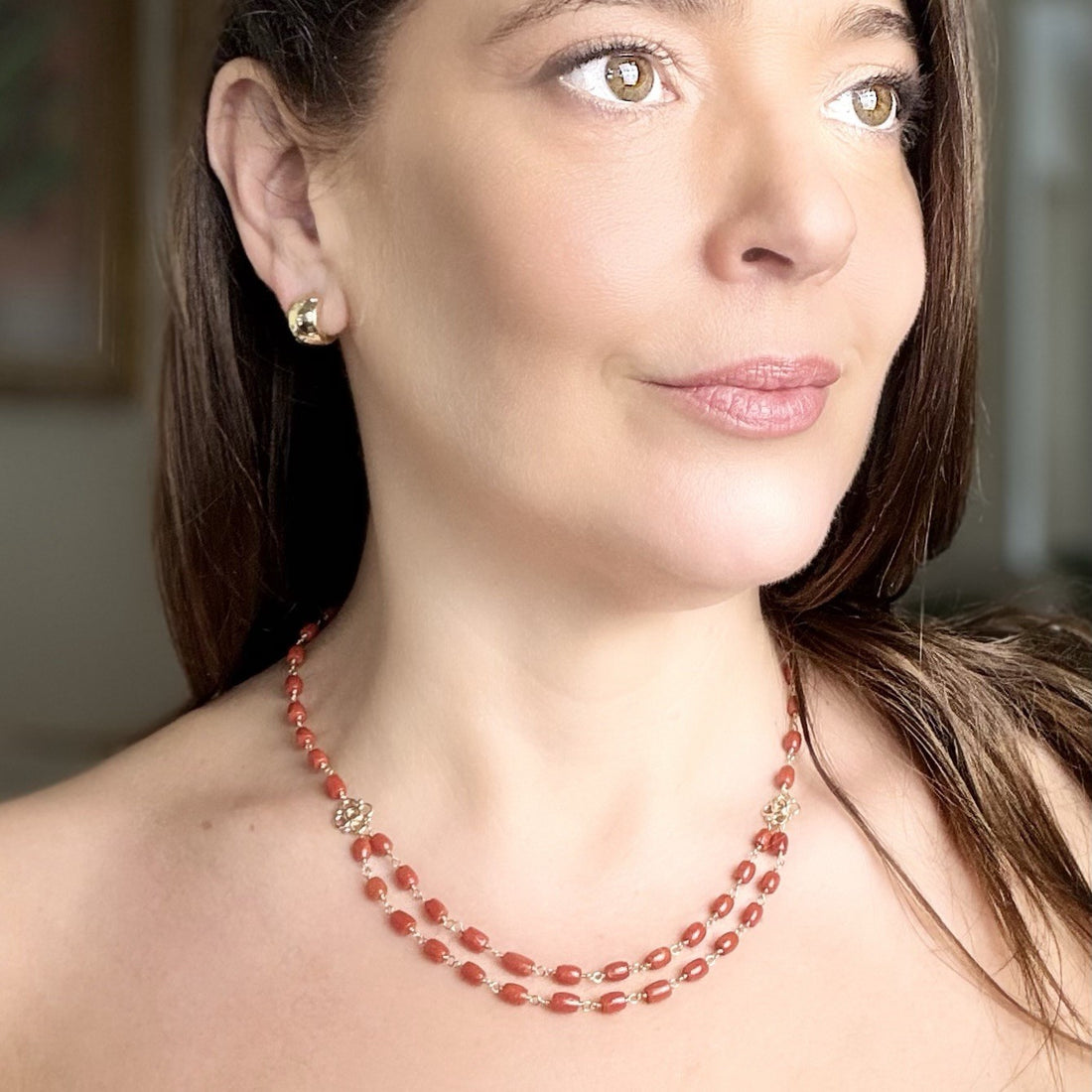 14k Yellow Gold Mediterranean Red Coral Handcrafted Necklace, 18.25-19.75"