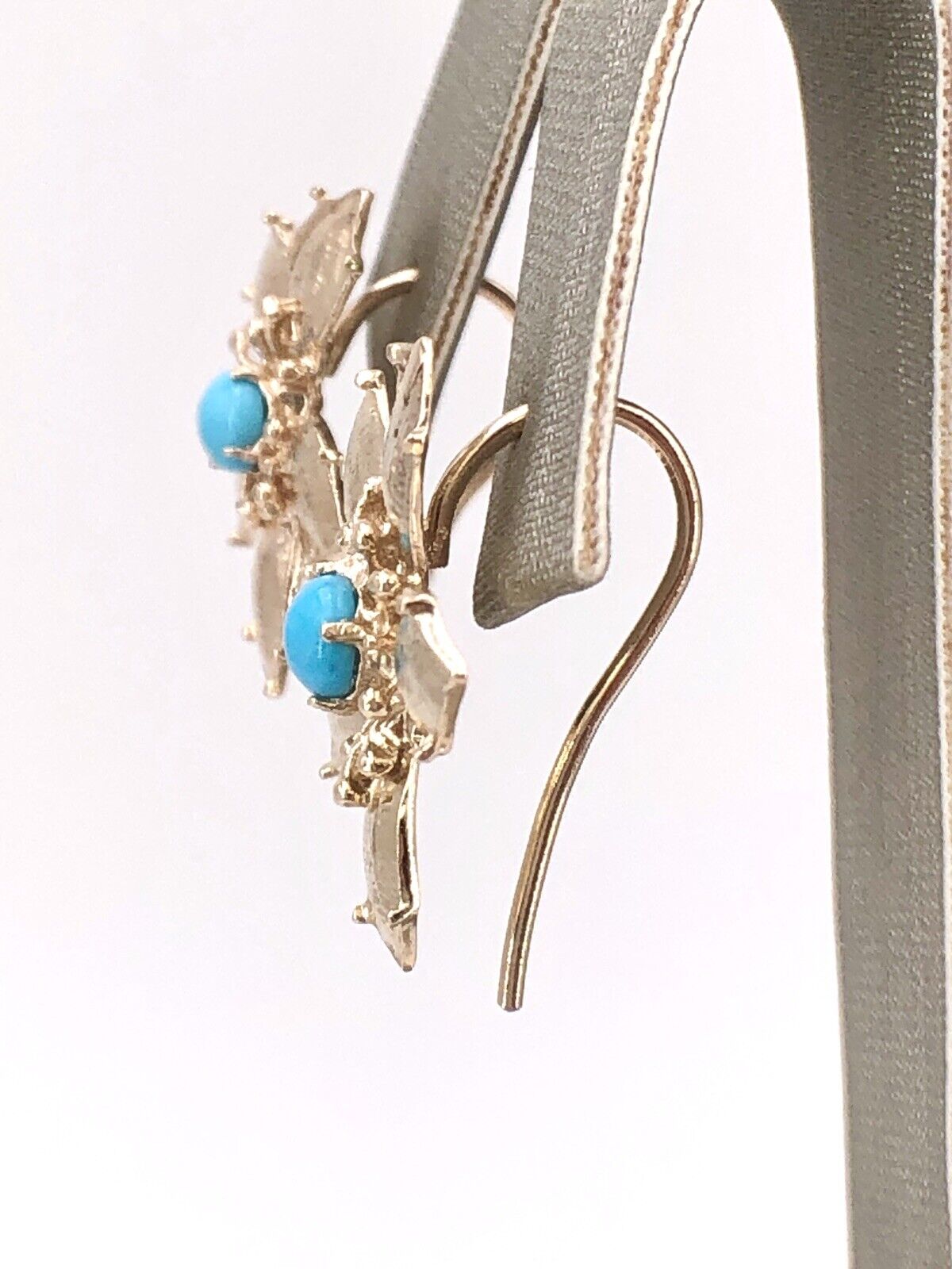 14K Yellow Gold & Sleeping Beauty Turquoise 5 Petal Flower Hook Earrings, New