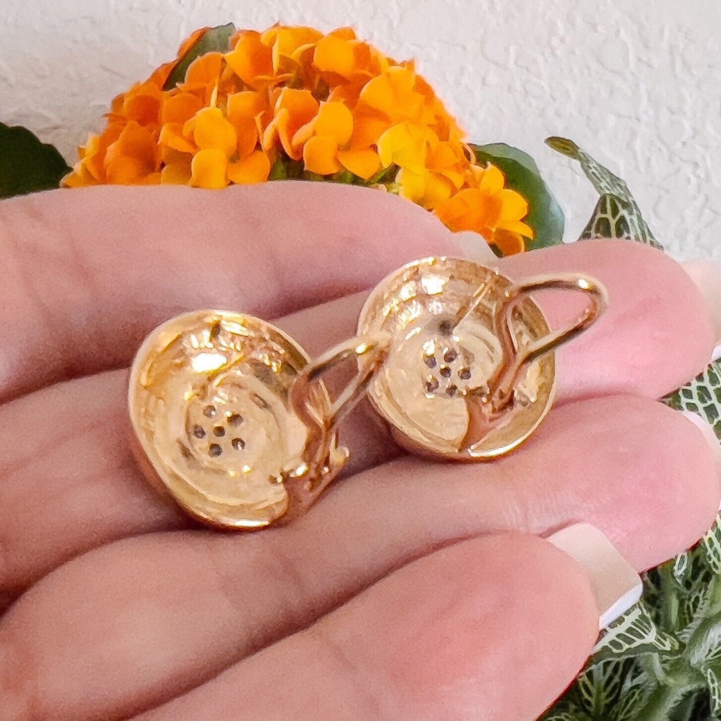 14k Yellow Gold Diamond Swirl "Button" Post & Omega Clip Earrings