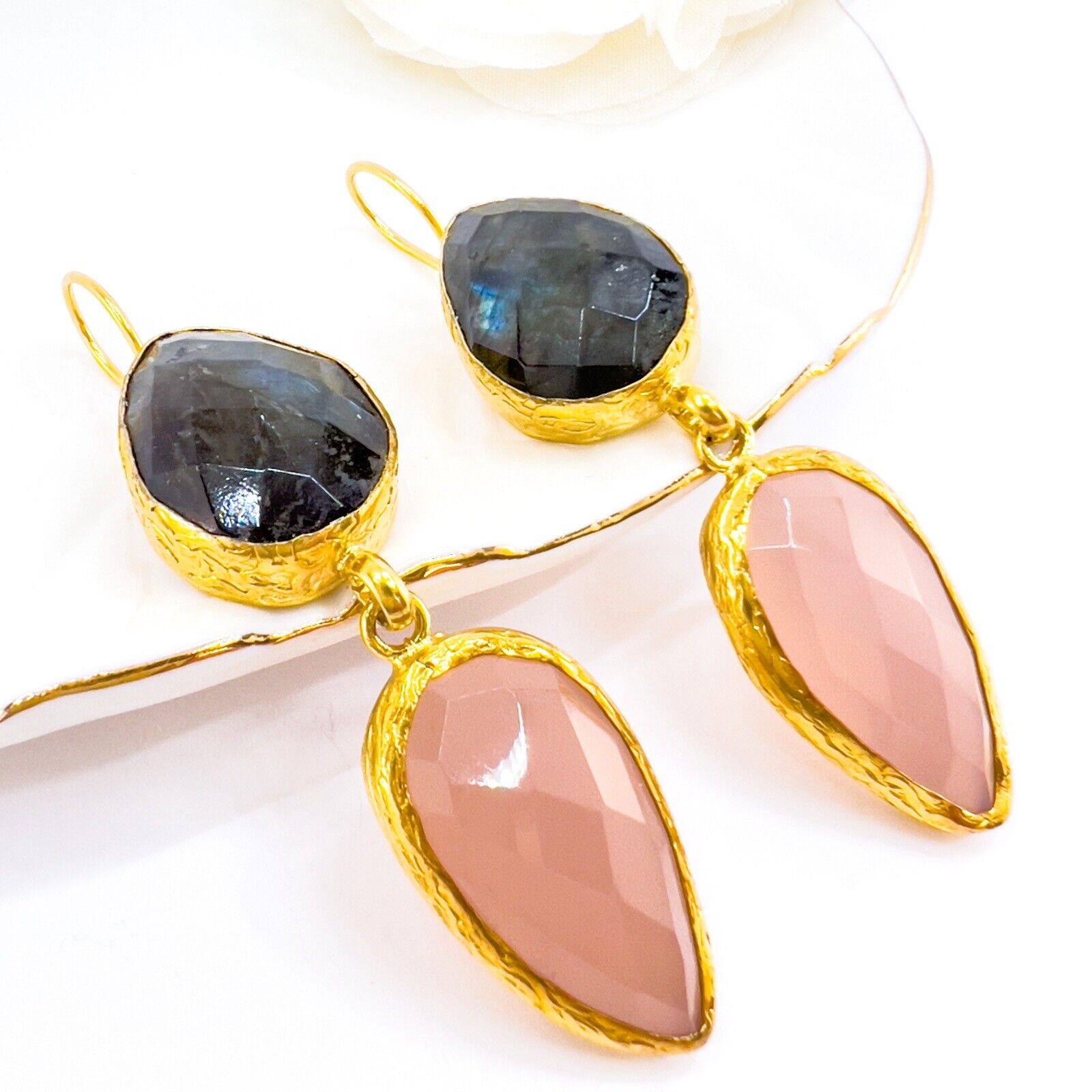 Etruscan Revival Labradorite & Rose Chalcedony Earrings 22k Yellow Gold Overlay