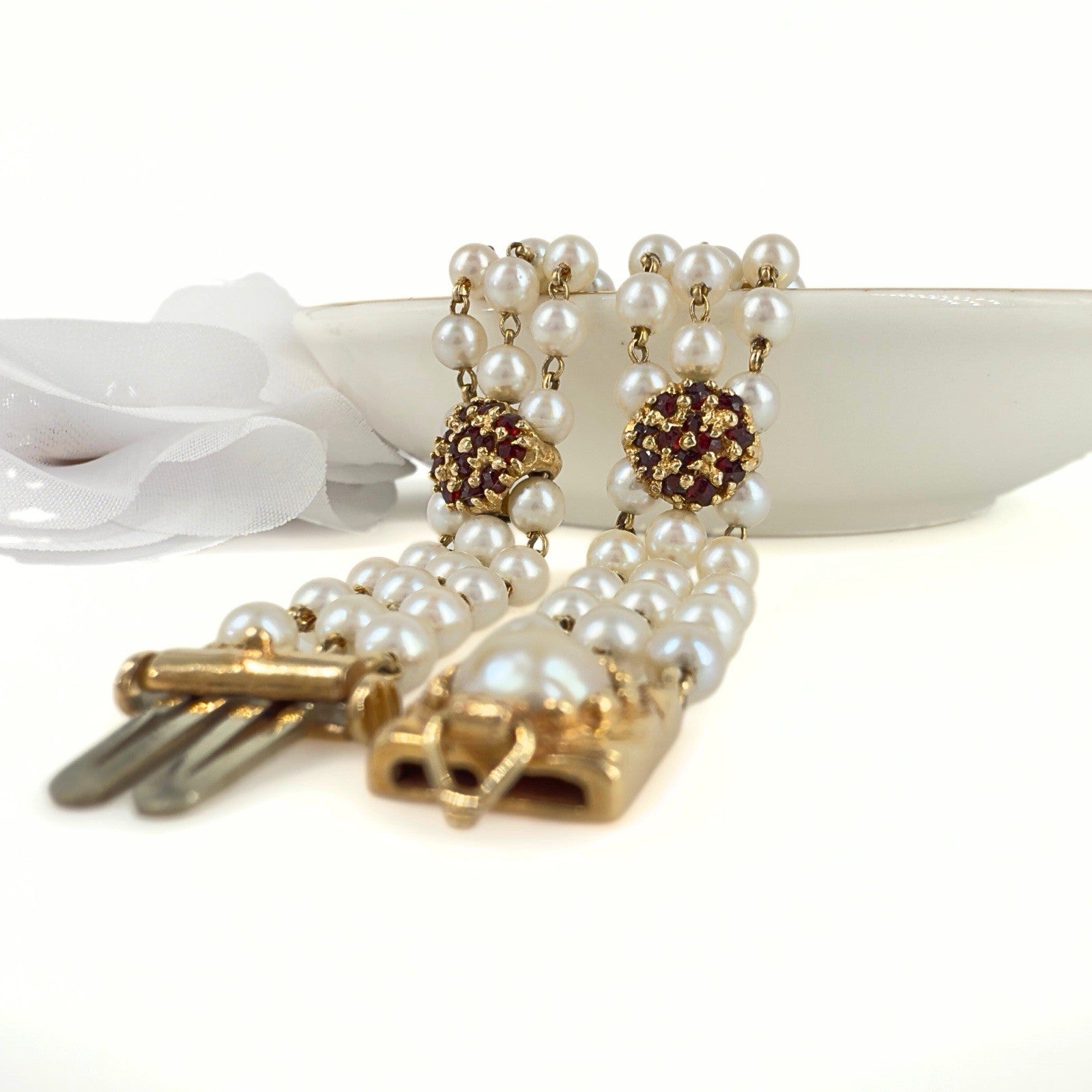 14k Gold Vintage Akoya Pearl 3-Row Bracelet & Garnet Slide Bracelet Charms