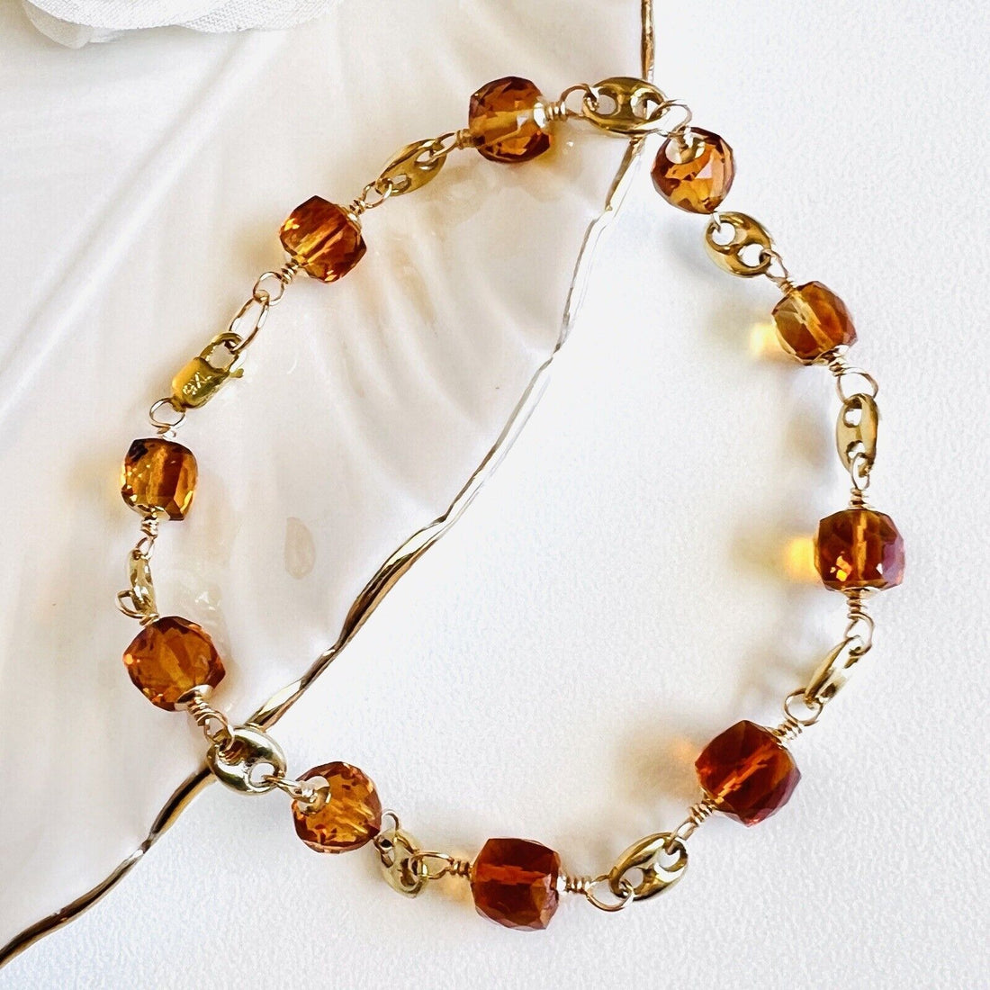 Solid 14k Yellow Gold Genuine Citrine Cube Station Bracelet, New 8.25”