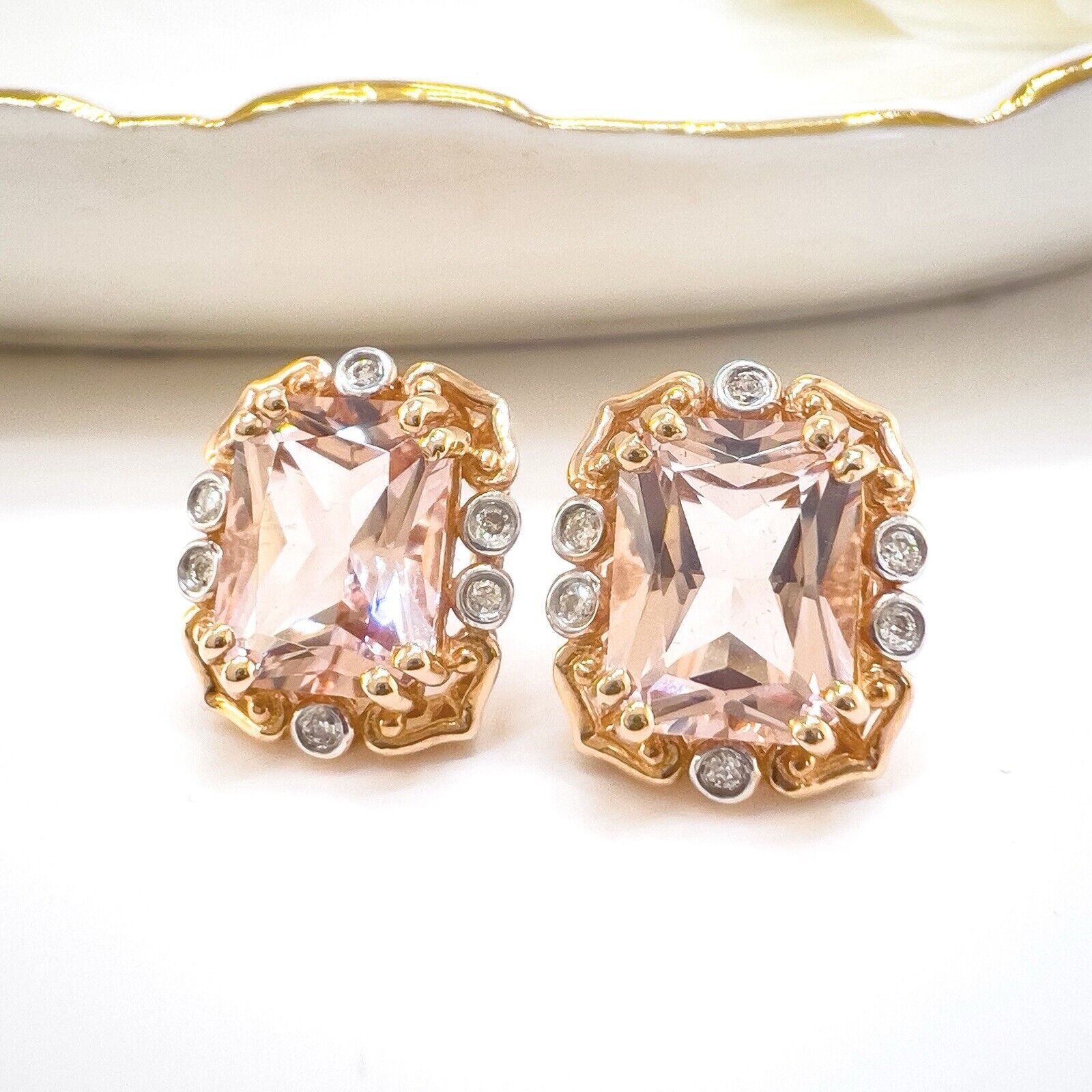 Vintage Style 14k Rose Gold Genuine Morganite & Diamond Stud Earrings, New