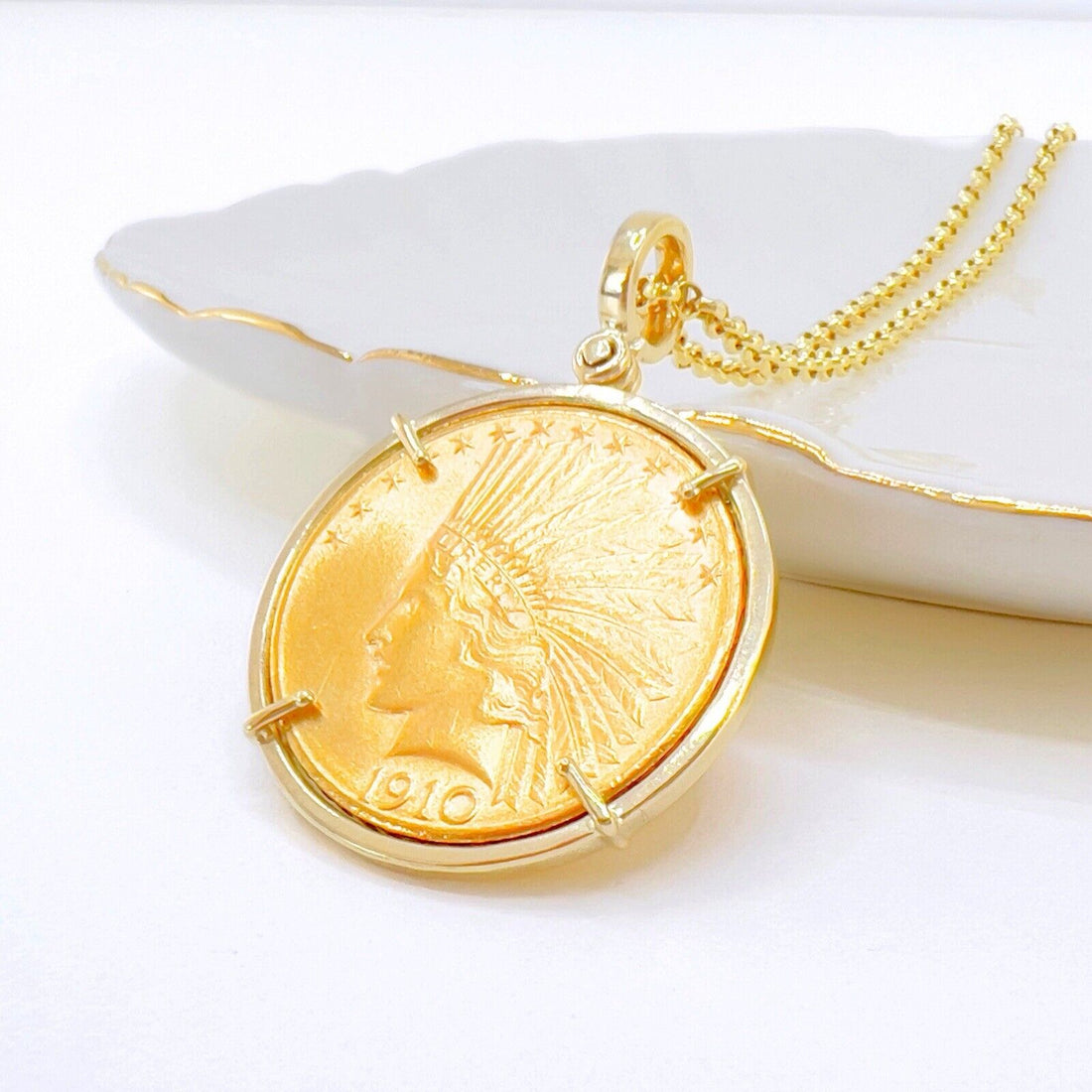 Genuine 1910 US Indian Head 10 Dollar Eagle Gold Coin With 14k Pendant Frame