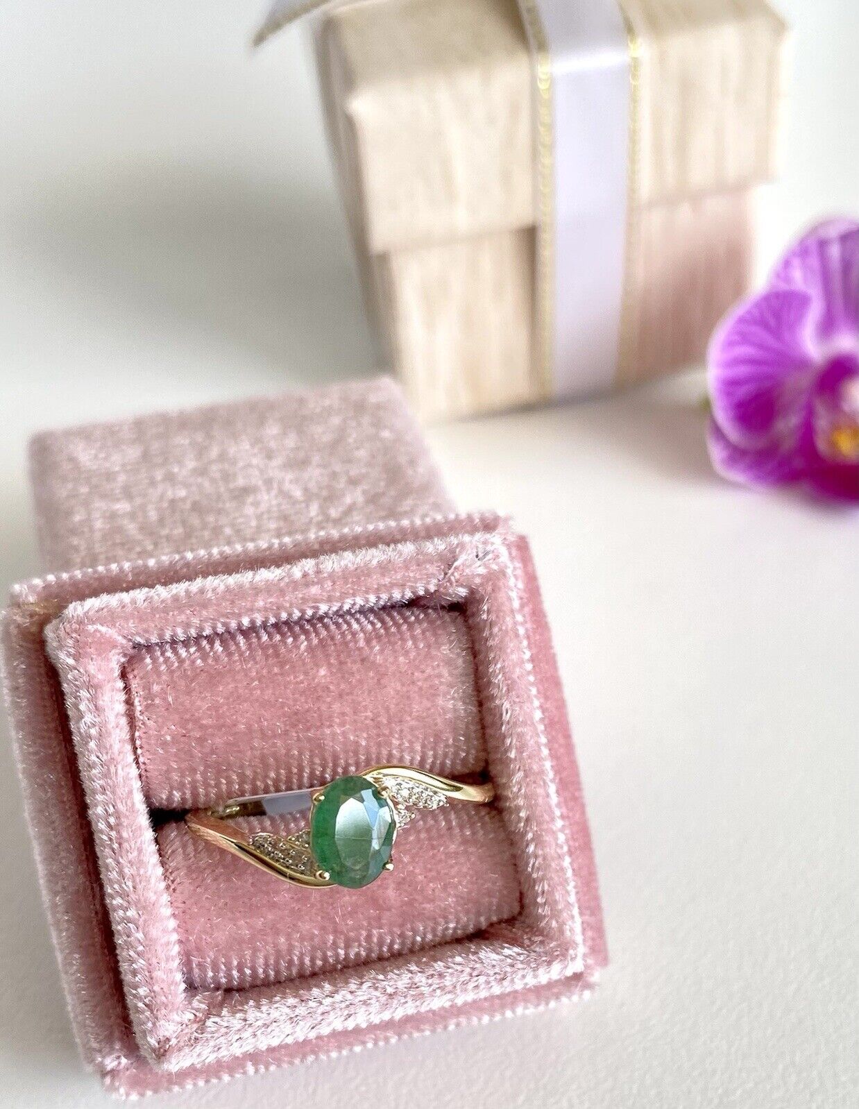 Genuine Emerald and Diamond Solid 10K Yellow Gold Ring, New, Size 7