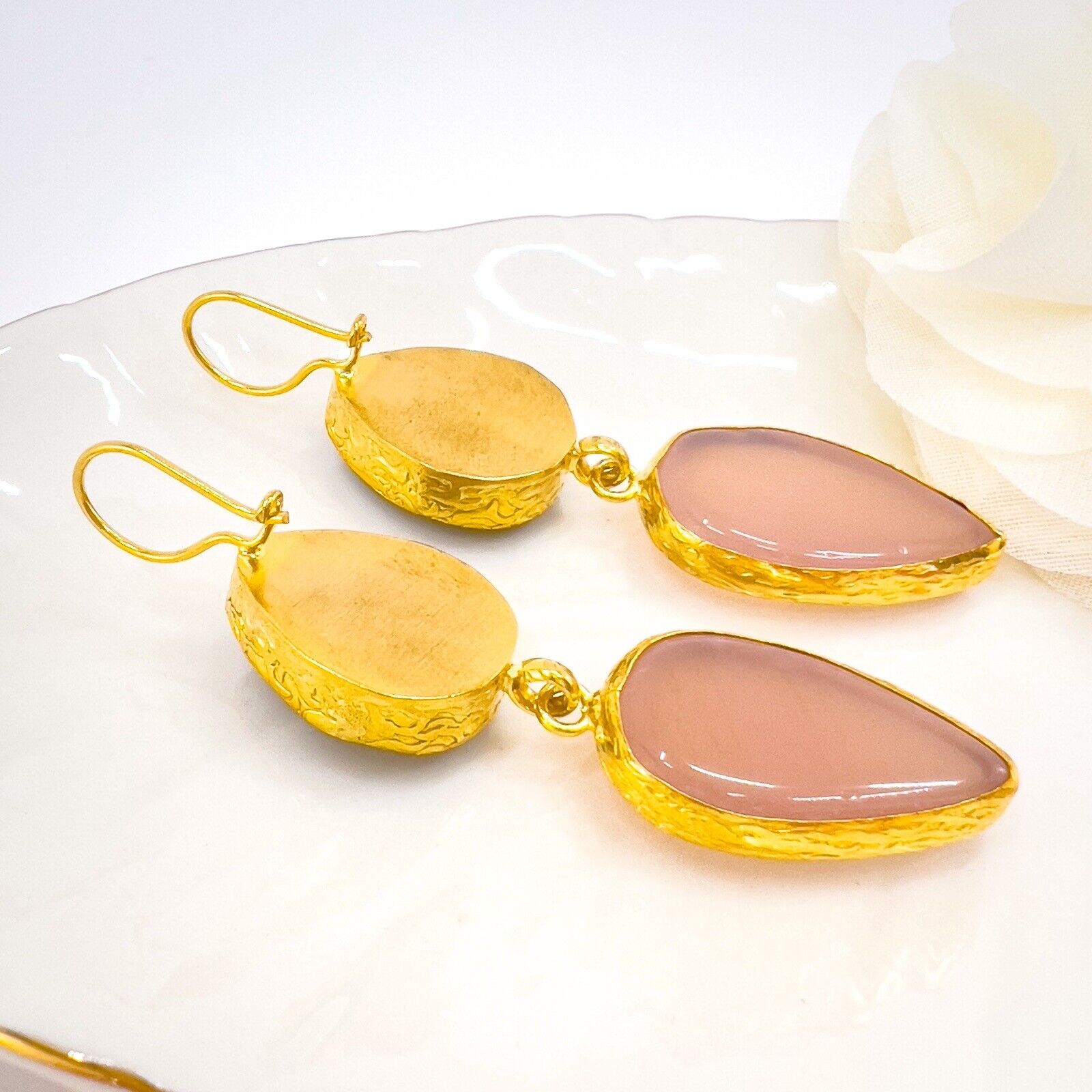 Etruscan Revival Labradorite & Rose Chalcedony Earrings 22k Yellow Gold Overlay